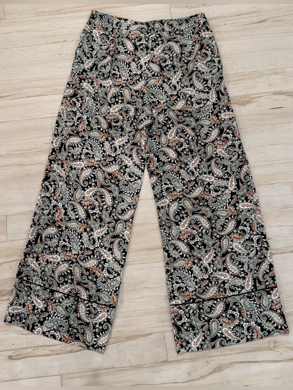 Paisley Wide Leg Satin Pants Boho Palazzo Trousers Size 12